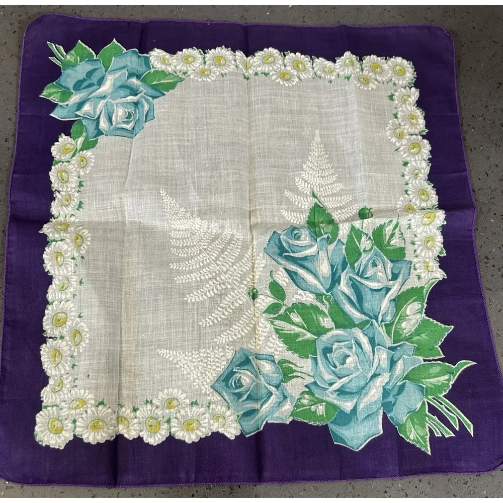 Vintage Blue Floral Roses White Daisies Purple Trim Hankie Handkerchief Linen